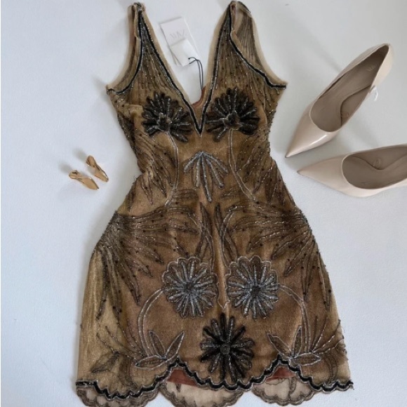 None Other - Elegant Floral Beaded Dress with Black and Tan Details
